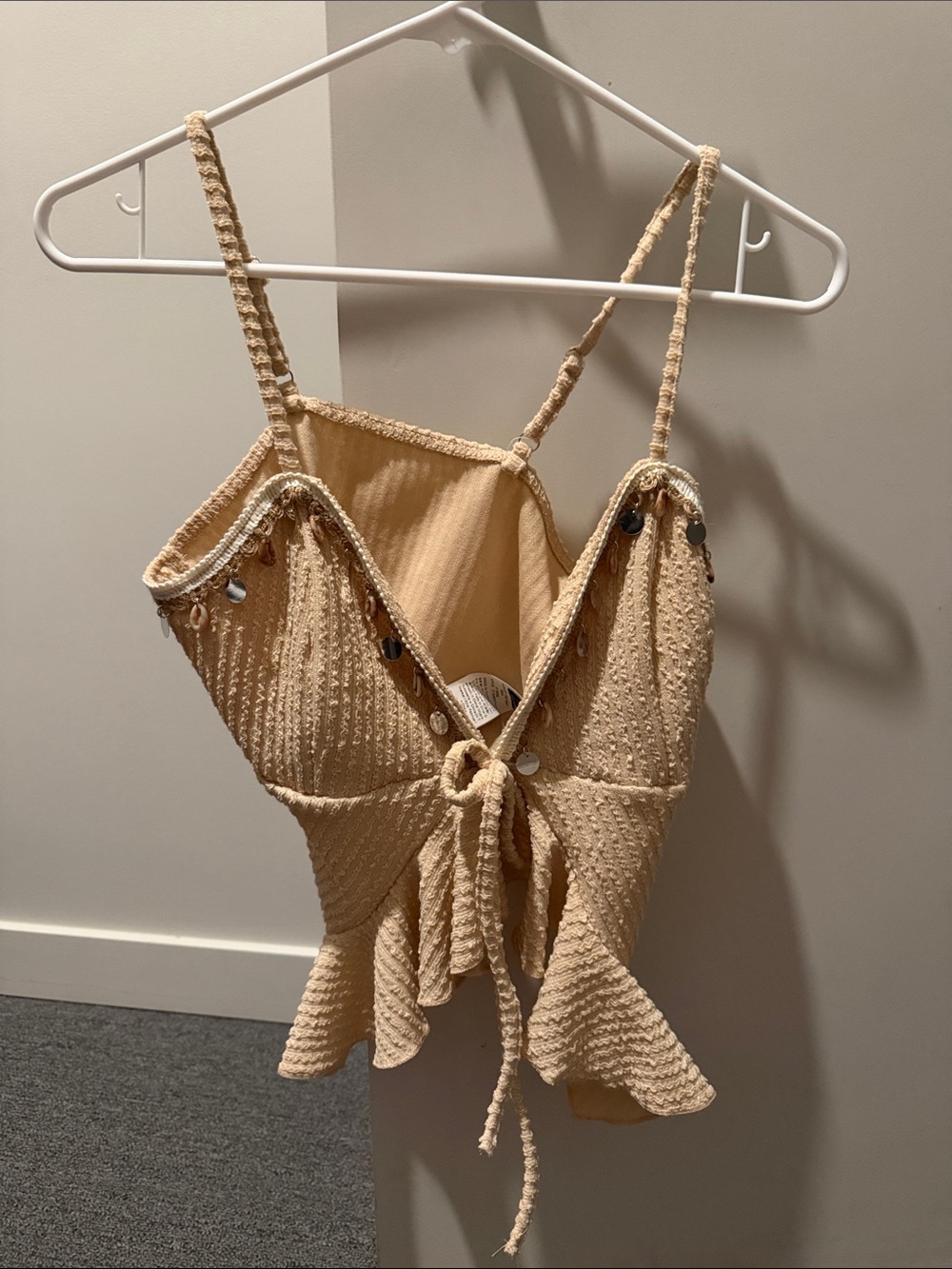 SHEIN Beige Textured Tie-Front Cami with Sequin Trim